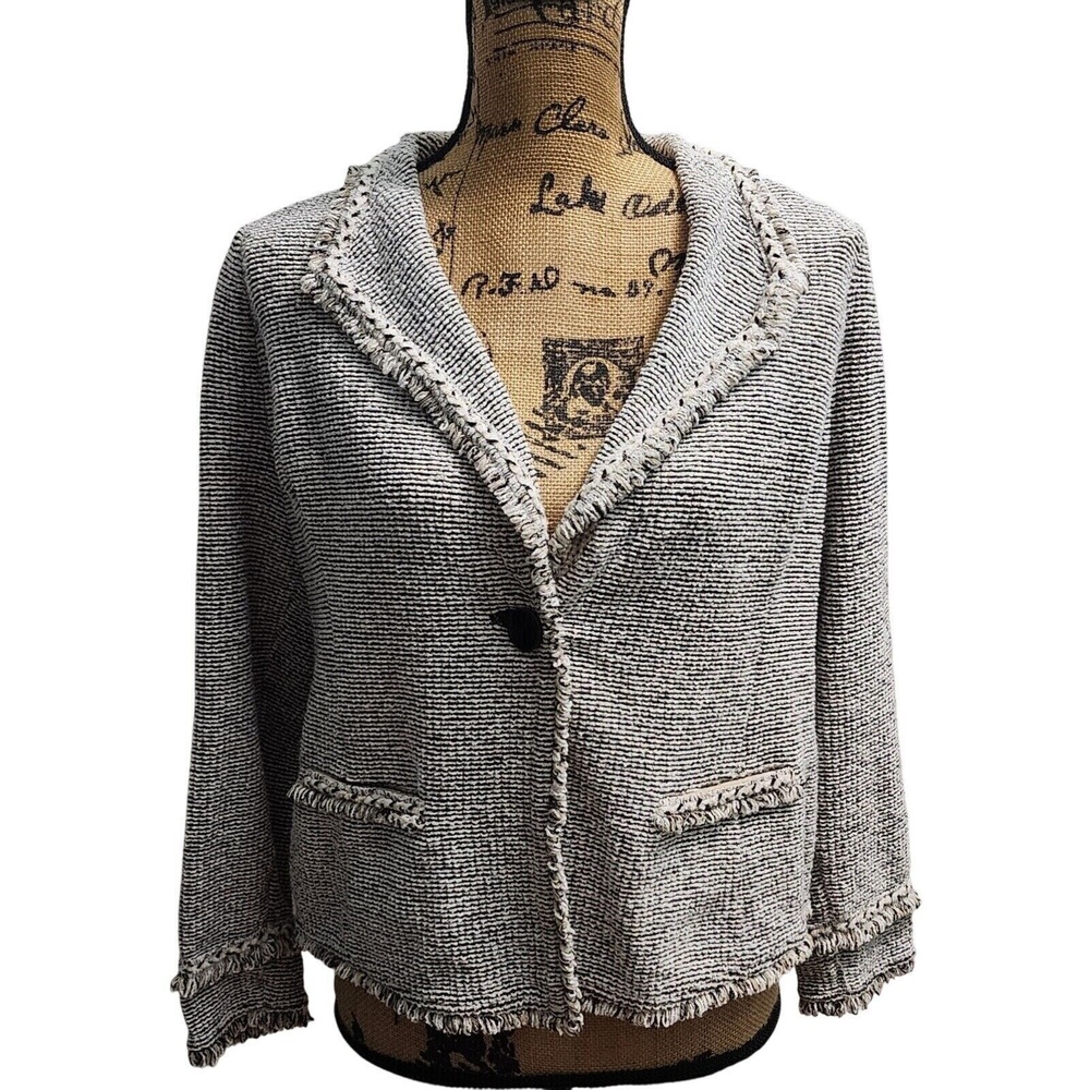 Chico's Fringed Tweed Knit Blazer Jacket Career Office Black‎ Beige Size 1